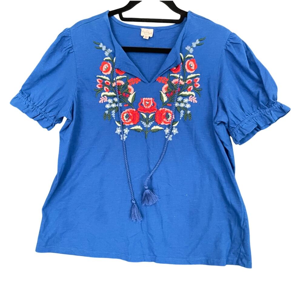 Keep in Touch Blue Boho Floral Embroidered Blouse Size: Large